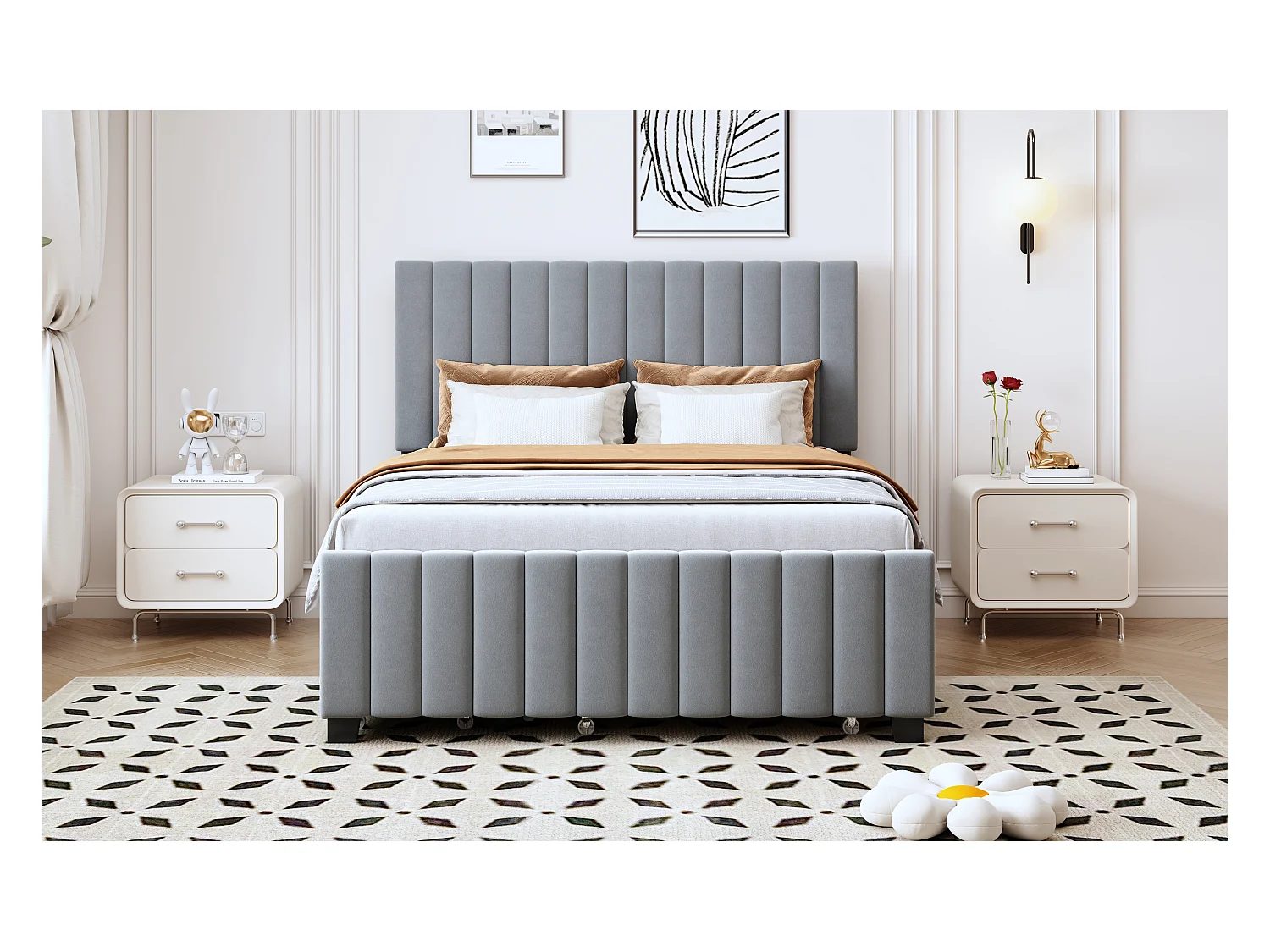 Lit rembourré 140 x 190 cm avec lit escamotable, 2 tiroirs de rangement, tissu en velours doux, lit pour enfants (sans matelas) (201.5x149.5x116.5 cm)