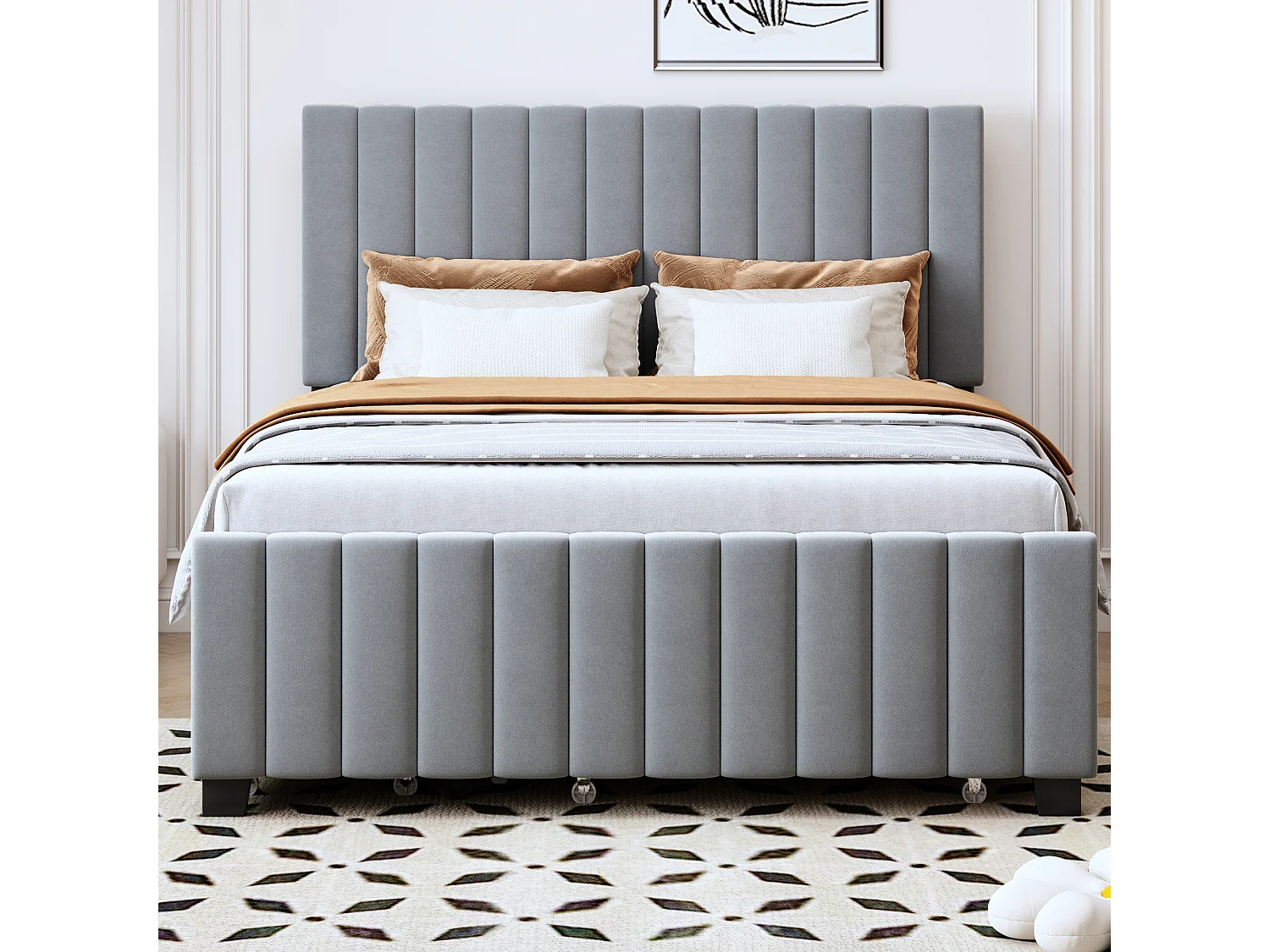 Lit rembourré 140 x 190 cm avec lit escamotable, 2 tiroirs de rangement, tissu en velours doux, lit pour enfants (sans matelas) (201.5x149.5x116.5 cm)