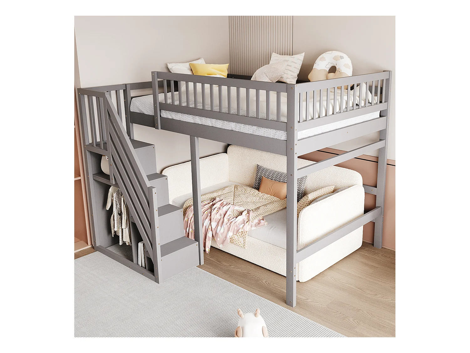 Massief houten bed 140x200, met opbergtrap en hoge leuning, voor kinderen en tieners, MDF, grijs (205x192x173 cm)