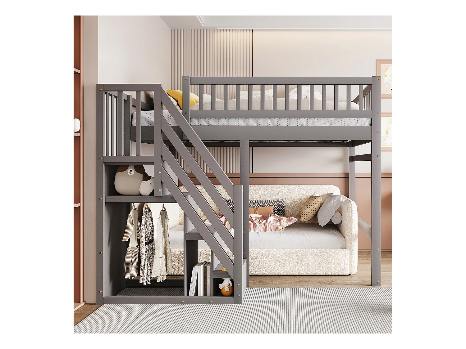 Massief houten bed 140x200, met opbergtrap en hoge leuning, voor kinderen en tieners, MDF, grijs (205x192x173 cm)
