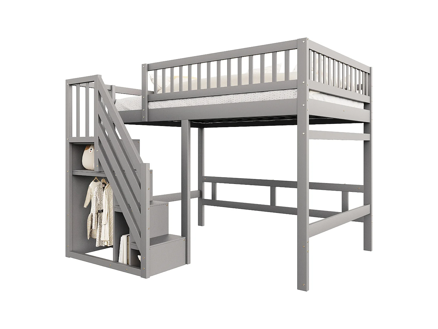 Lit en Bois Massif 140x200, avec Escalier de Rangement et Balustrade Haute, pour Enfant et Adolescent, MDF, Gris (205x192x173 cm)