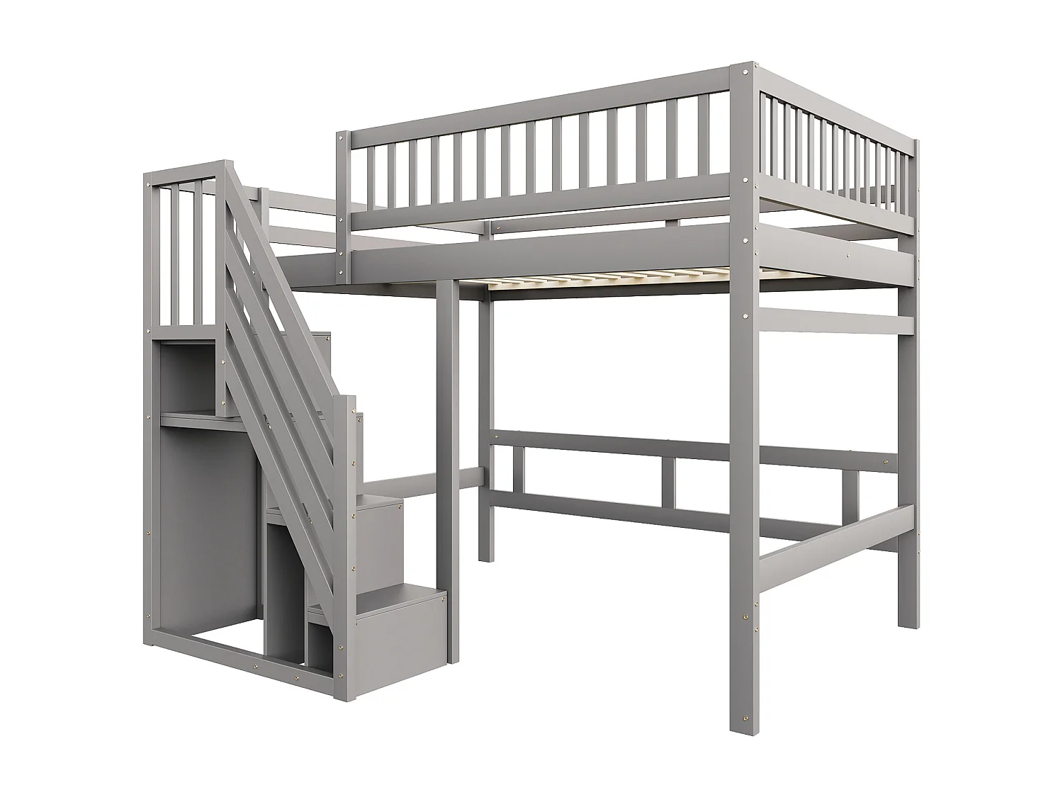 Lit en Bois Massif 140x200, avec Escalier de Rangement et Balustrade Haute, pour Enfant et Adolescent, MDF, Gris (205x192x173 cm)