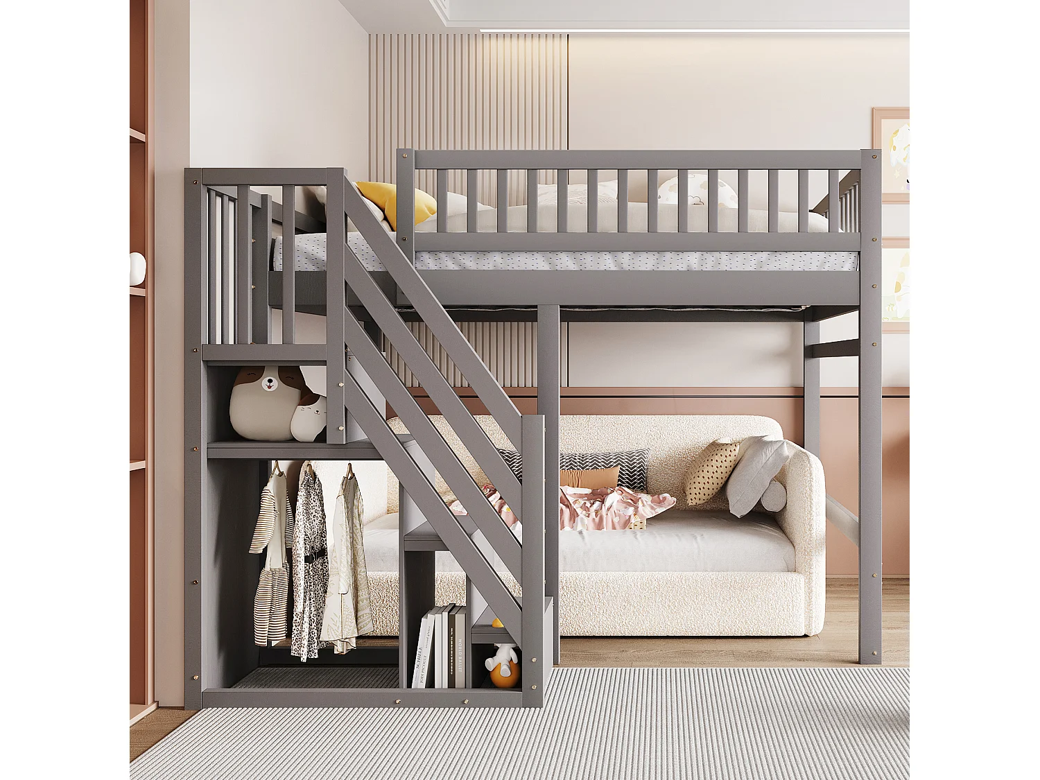 Lit en Bois Massif 140x200, avec Escalier de Rangement et Balustrade Haute, pour Enfant et Adolescent, MDF, Gris (205x192x173 cm)