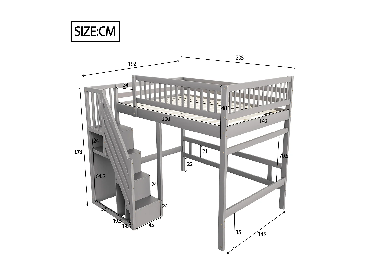 Lit en Bois Massif 140x200, avec Escalier de Rangement et Balustrade Haute, pour Enfant et Adolescent, MDF, Gris (205x192x173 cm)