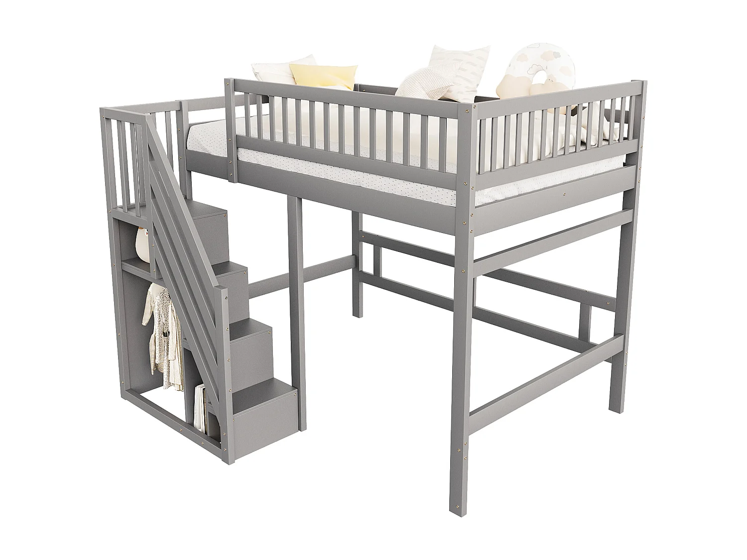 Lit en Bois Massif 140x200, avec Escalier de Rangement et Balustrade Haute, pour Enfant et Adolescent, MDF, Gris (205x192x173 cm)