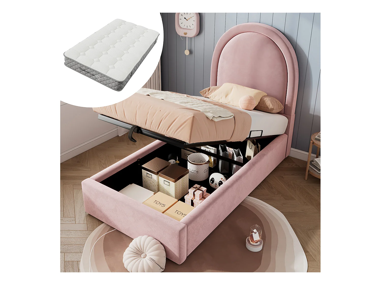 Lit enfant 90x200 cm avec motif cosmique, beige, en PU, pour garçons et filles (avec matelas)