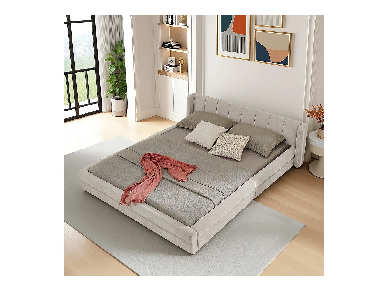Lit double 140x200 cm, tissu chenille, dossier confortable, cadre en eucalyptus et métal, beige (sans matelas) (220x155x60 cm)