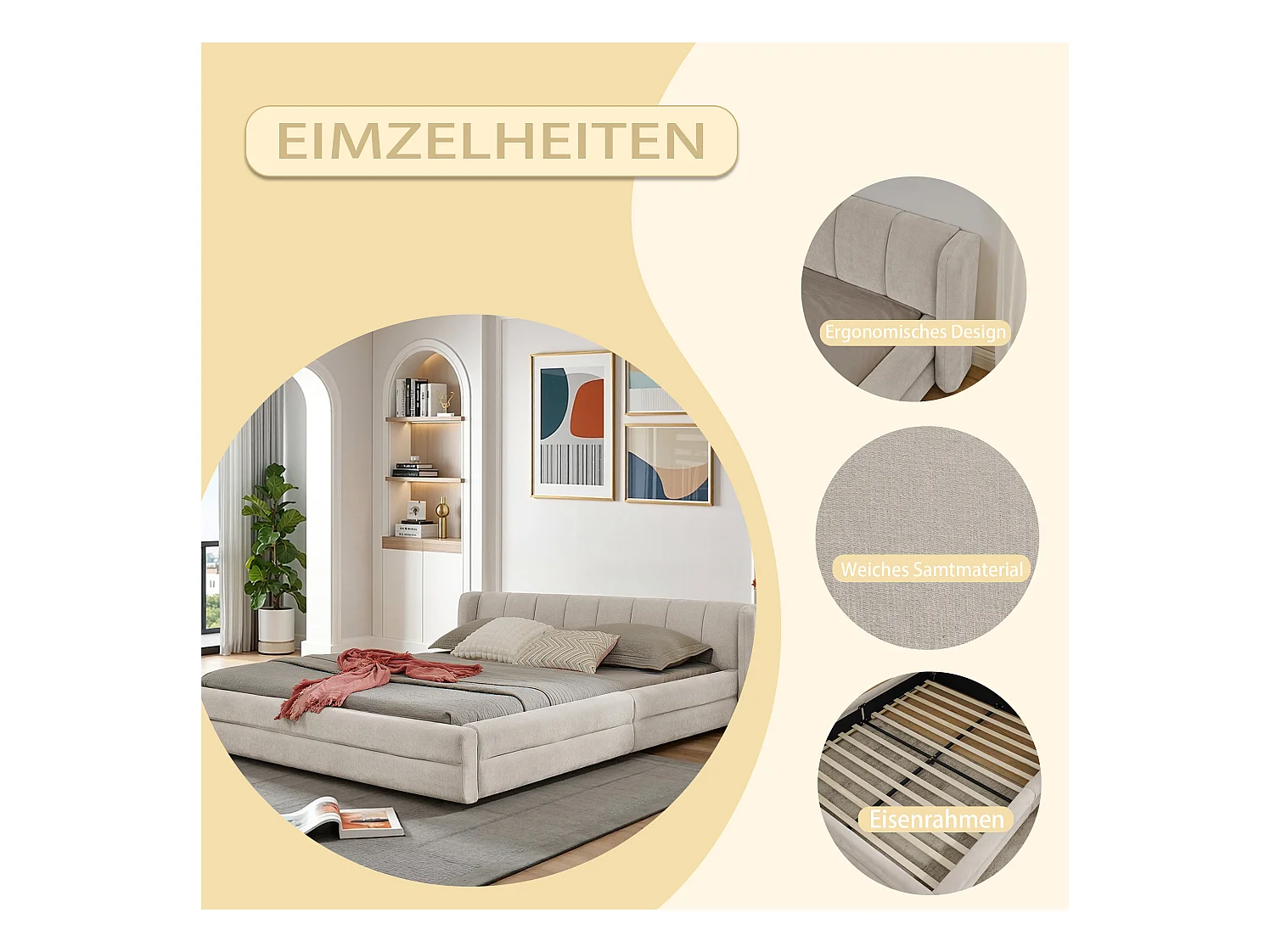 Lit double 140x200 cm, tissu chenille, dossier confortable, cadre en eucalyptus et métal, beige (sans matelas) (220x155x60 cm)