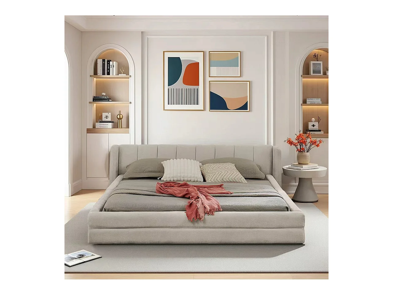 Lit double 140x200 cm, tissu chenille, dossier confortable, cadre en eucalyptus et métal, beige (sans matelas) (220x155x60 cm)