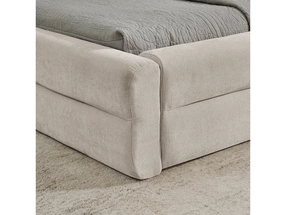 Lit double 140x200 cm, tissu chenille, dossier confortable, cadre en eucalyptus et métal, beige (sans matelas) (220x155x60 cm)