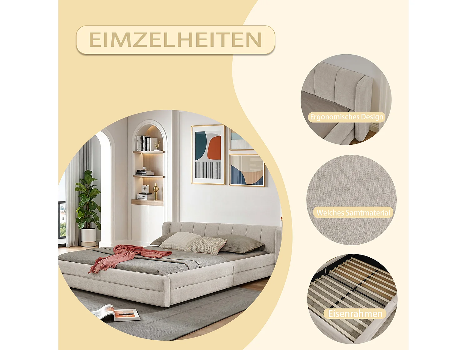 Letto matrimoniale 140x200 cm, tessuto ciniglia, schienale comodo, struttura in eucalipto e metallo, beige (senza materasso) (220x155x60 cm)