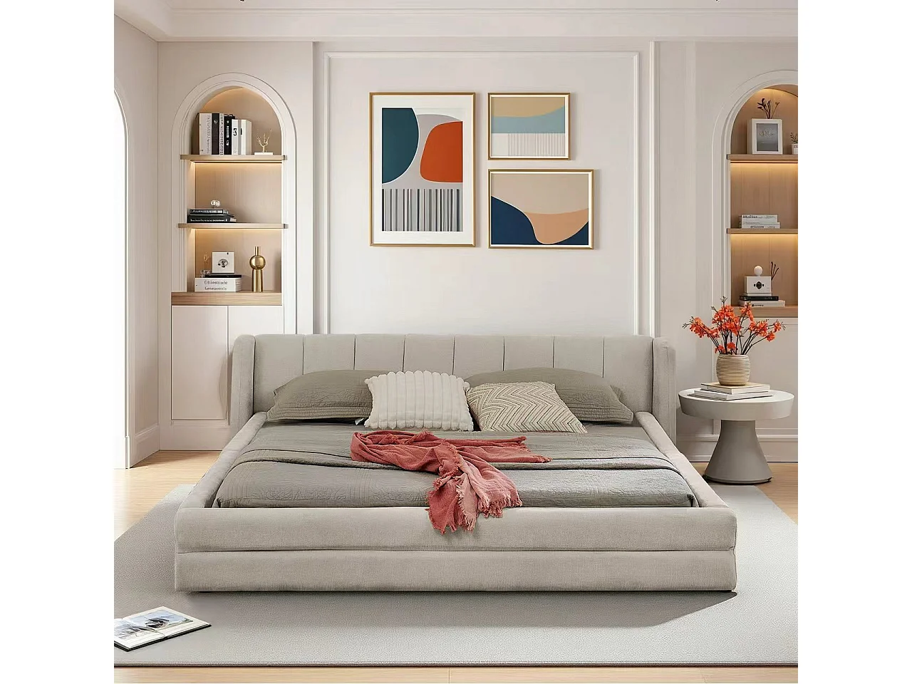 Letto matrimoniale 140x200 cm, tessuto ciniglia, schienale comodo, struttura in eucalipto e metallo, beige (senza materasso) (220x155x60 cm)