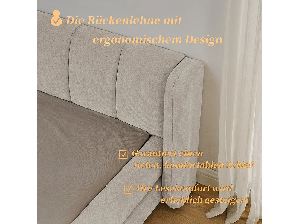 Letto matrimoniale 140x200 cm, tessuto ciniglia, schienale comodo, struttura in eucalipto e metallo, beige (senza materasso) (220x155x60 cm)