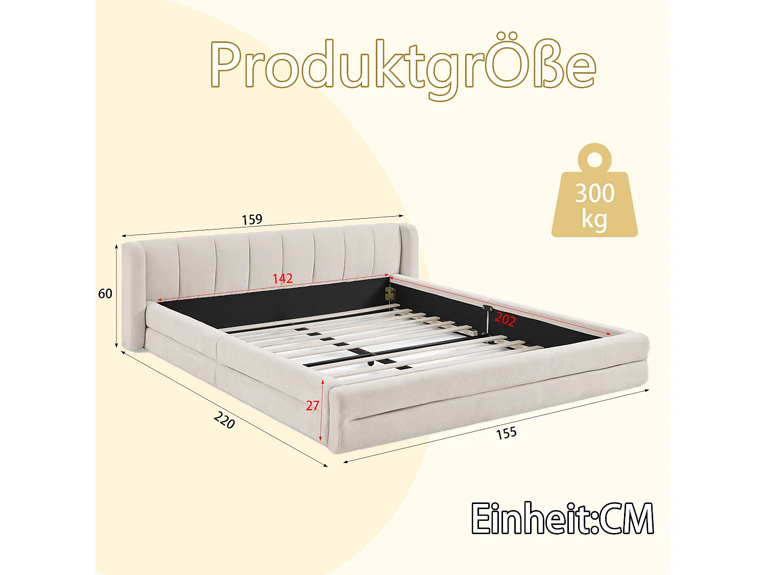 Letto matrimoniale 140x200 cm, tessuto ciniglia, schienale comodo, struttura in eucalipto e metallo, beige (senza materasso) (220x155x60 cm)