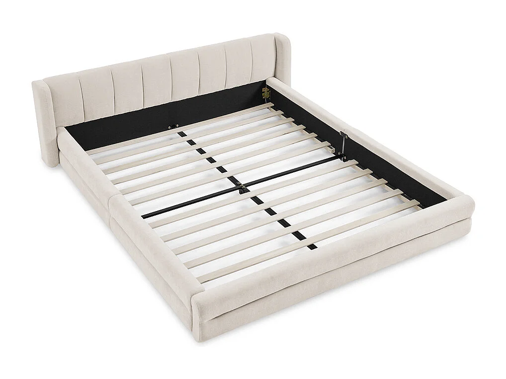 Letto matrimoniale 140x200 cm, tessuto ciniglia, schienale comodo, struttura in eucalipto e metallo, beige (senza materasso) (220x155x60 cm)