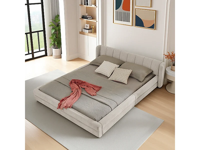 Letto matrimoniale 140x200 cm, tessuto ciniglia, schienale comodo, struttura in eucalipto e metallo, beige (senza materasso) (220x155x60 cm)