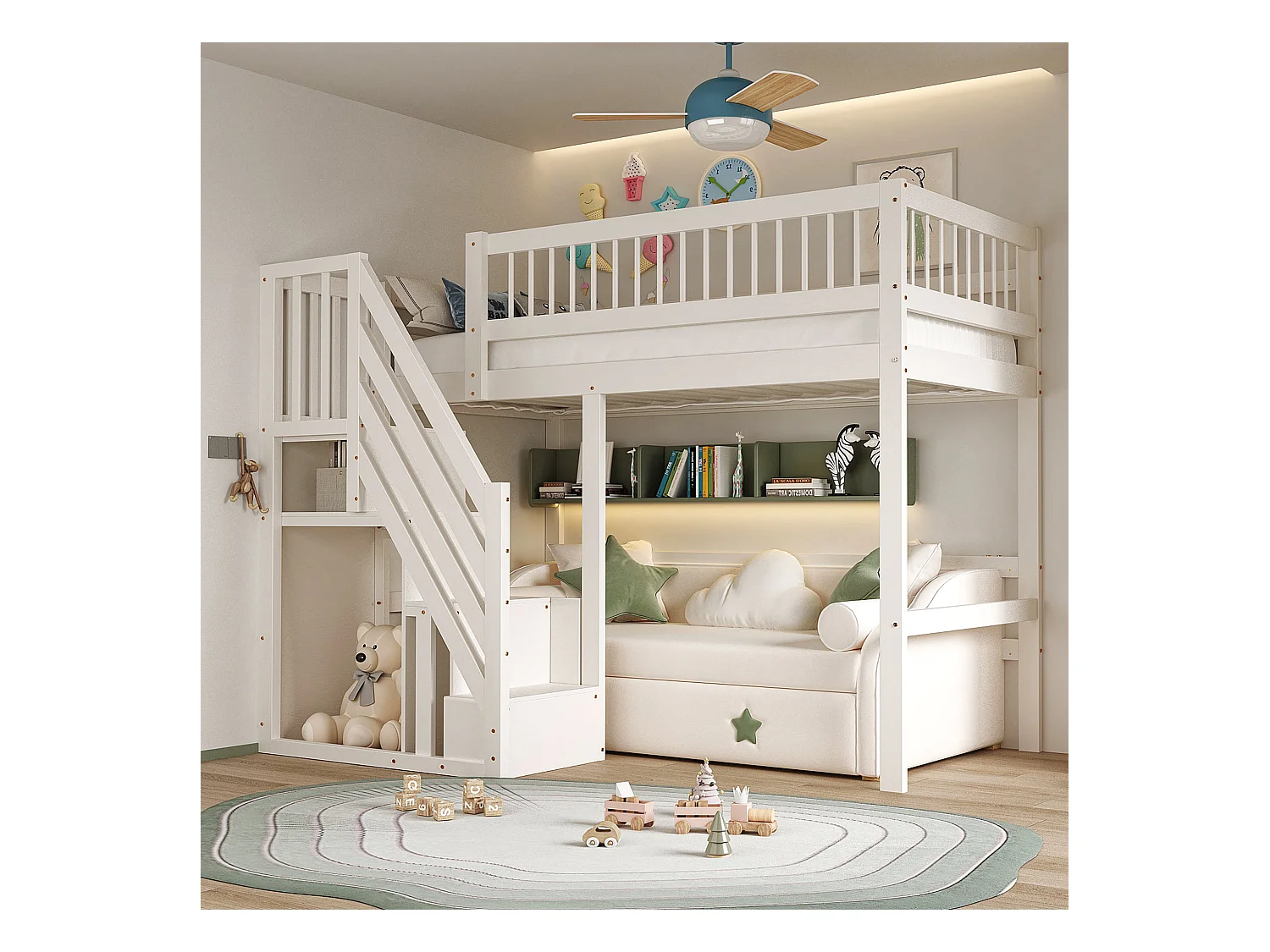 Massief houten bed 90x200, met opbergladder, bed voor kinderen en tieners, massief houten frame, hoge afwerking, wit (205x142x173 cm)