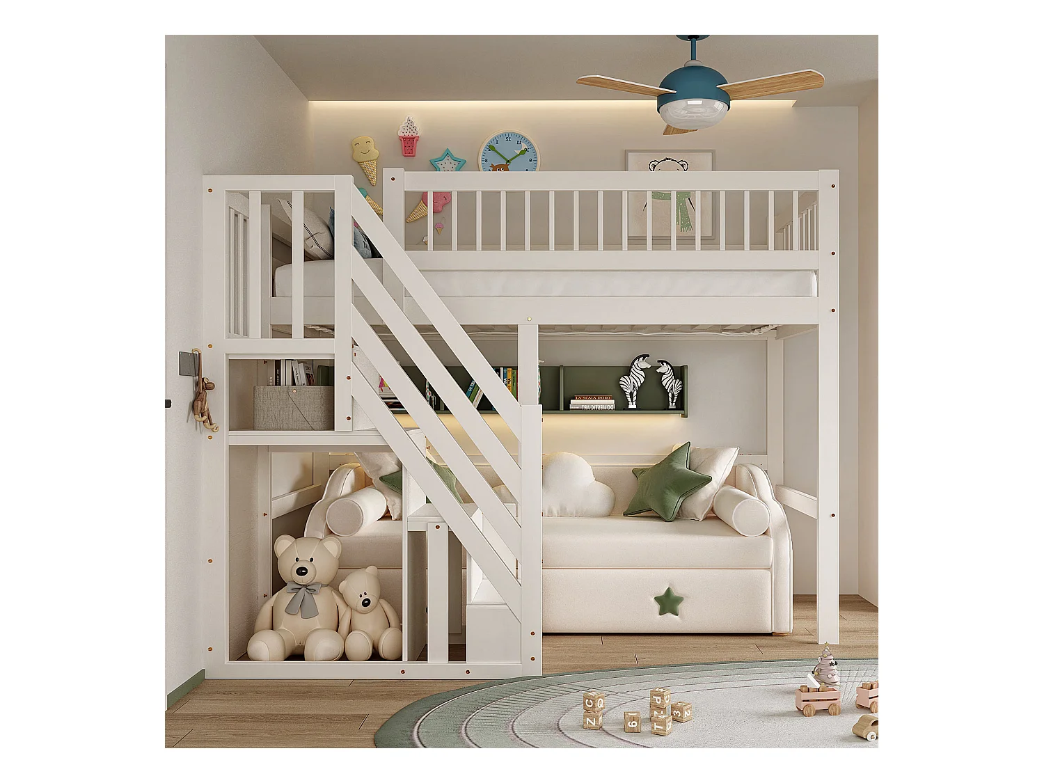 Massief houten bed 90x200, met opbergladder, bed voor kinderen en tieners, massief houten frame, hoge afwerking, wit (205x142x173 cm)