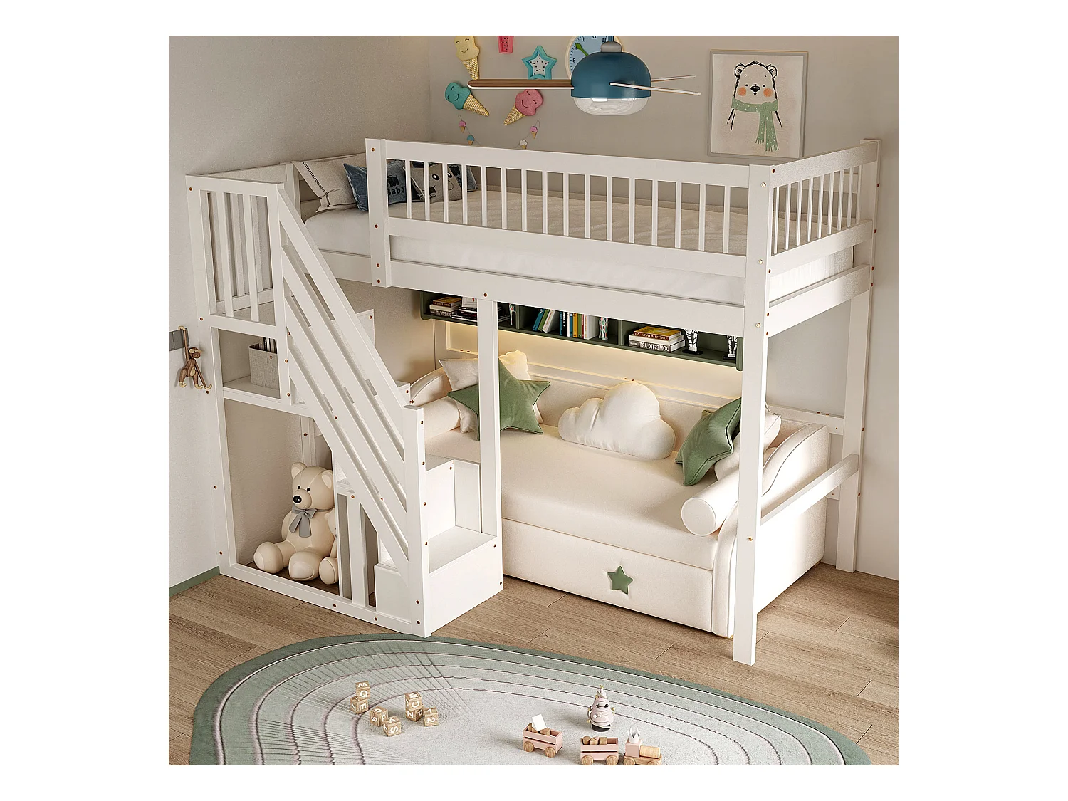 Massief houten bed 90x200, met opbergladder, bed voor kinderen en tieners, massief houten frame, hoge afwerking, wit (205x142x173 cm)