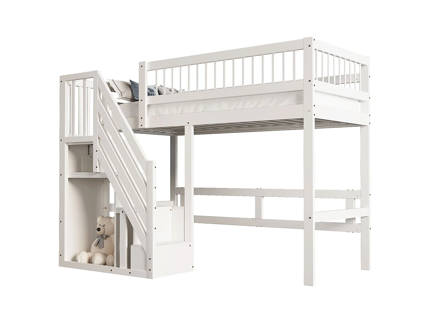 Massief houten bed 90x200, met opbergladder, bed voor kinderen en tieners, massief houten frame, hoge afwerking, wit (205x142x173 cm)