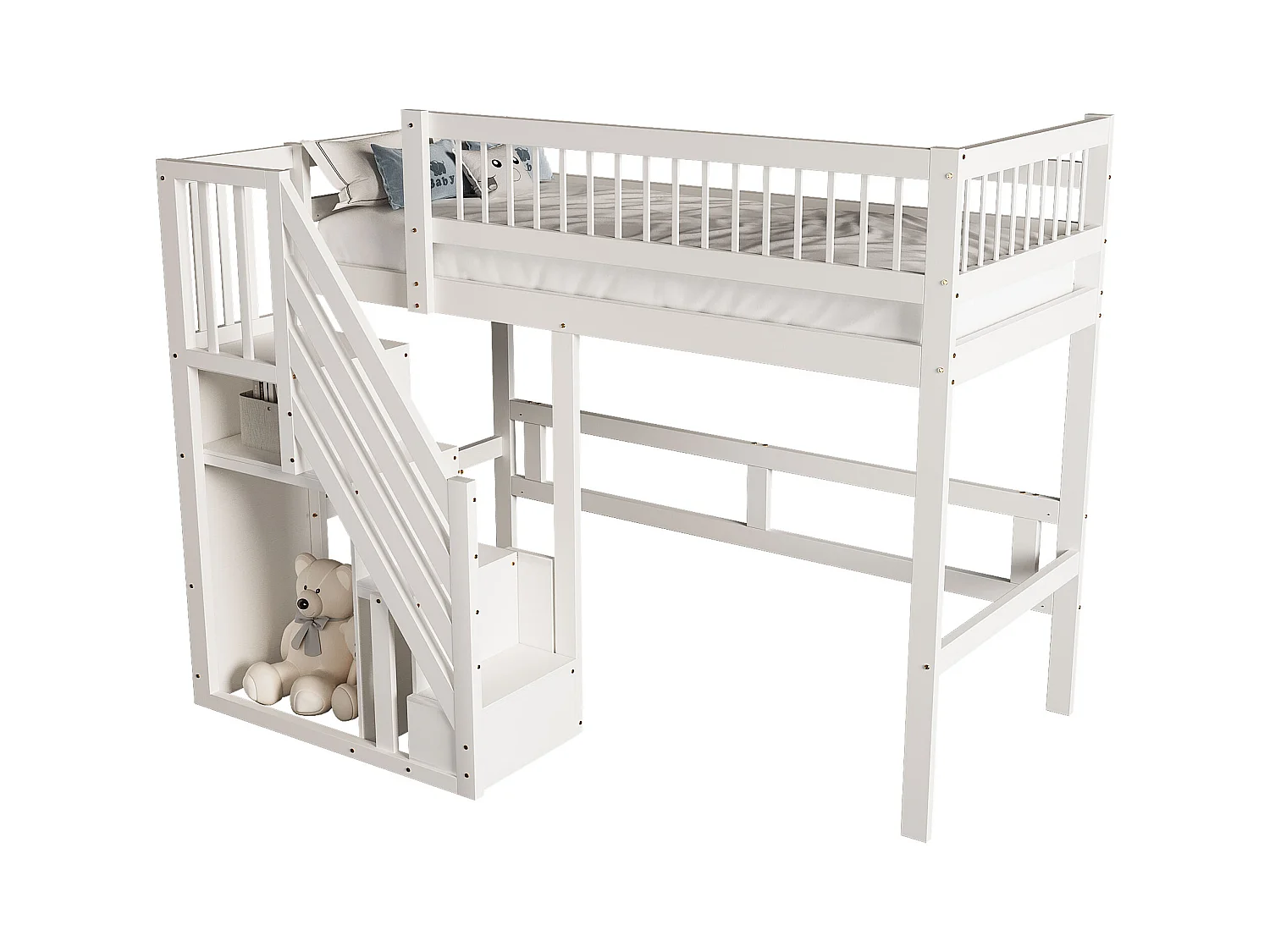 Massief houten bed 90x200, met opbergladder, bed voor kinderen en tieners, massief houten frame, hoge afwerking, wit (205x142x173 cm)