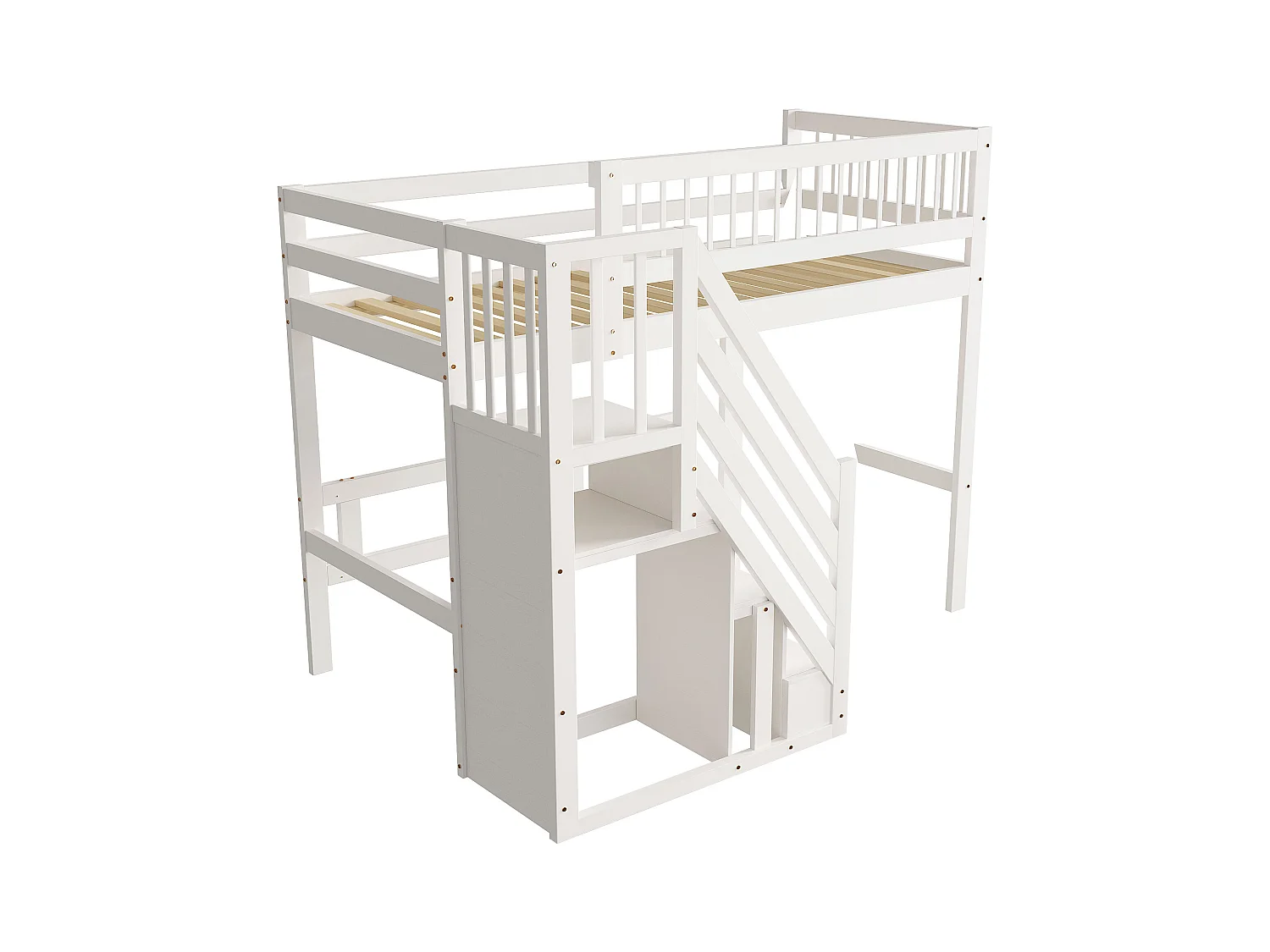 Massief houten bed 90x200, met opbergladder, bed voor kinderen en tieners, massief houten frame, hoge afwerking, wit (205x142x173 cm)