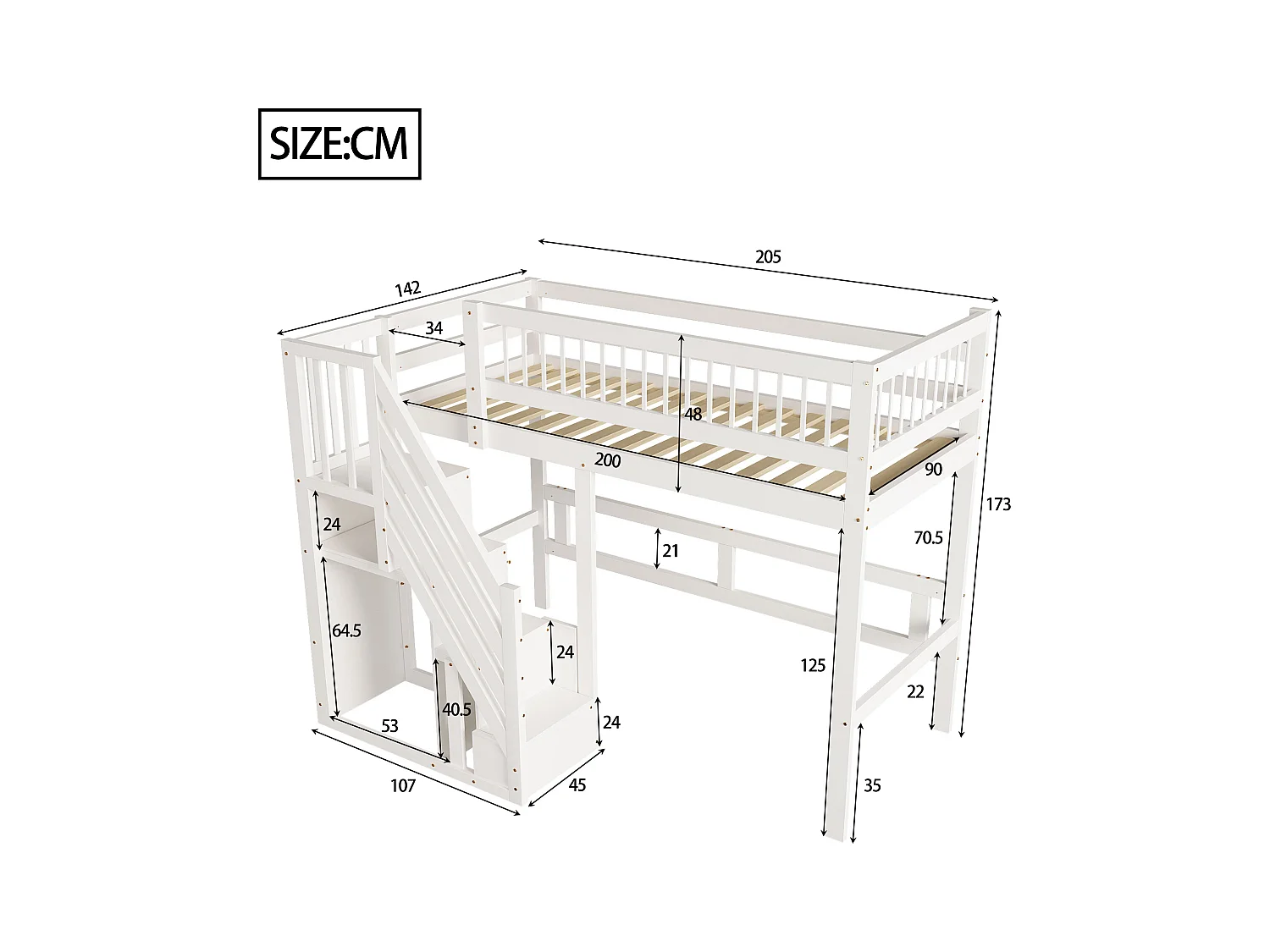 Massief houten bed 90x200, met opbergladder, bed voor kinderen en tieners, massief houten frame, hoge afwerking, wit (205x142x173 cm)