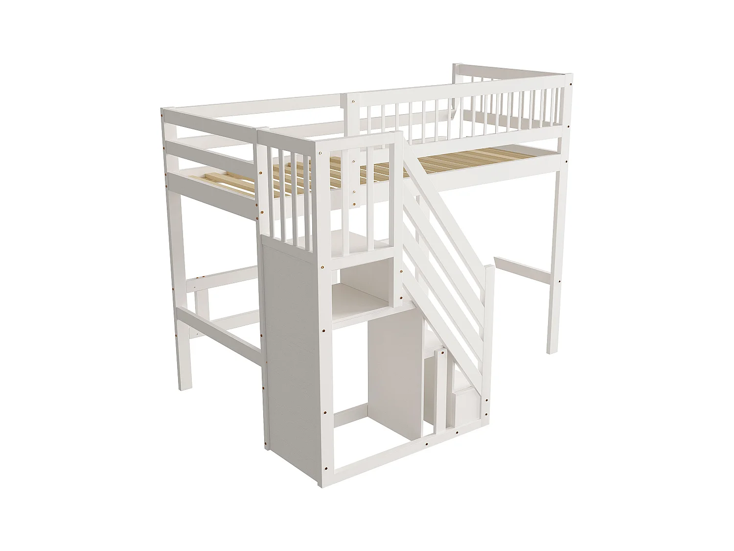 Massief houten bed 90x200, met opbergladder, bed voor kinderen en tieners, massief houten frame, hoge afwerking, wit (205x142x173 cm)