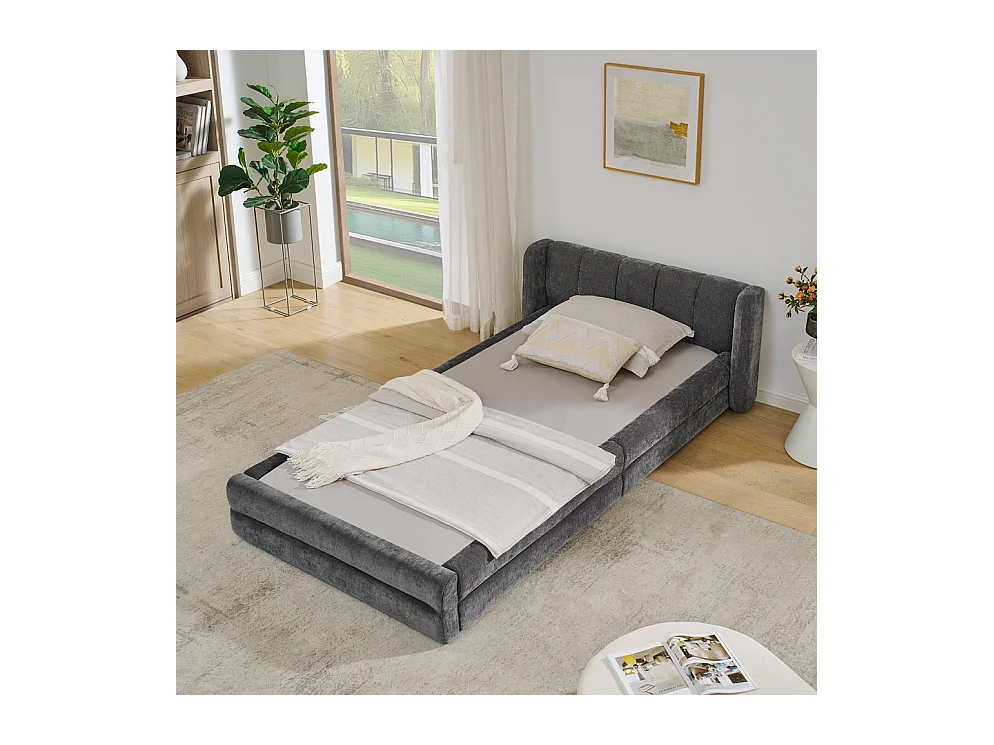 Letto singolo 90x200 cm, design ergonomico, morbida ciniglia, struttura in eucalipto, grigio scuro (90x200x60 cm)