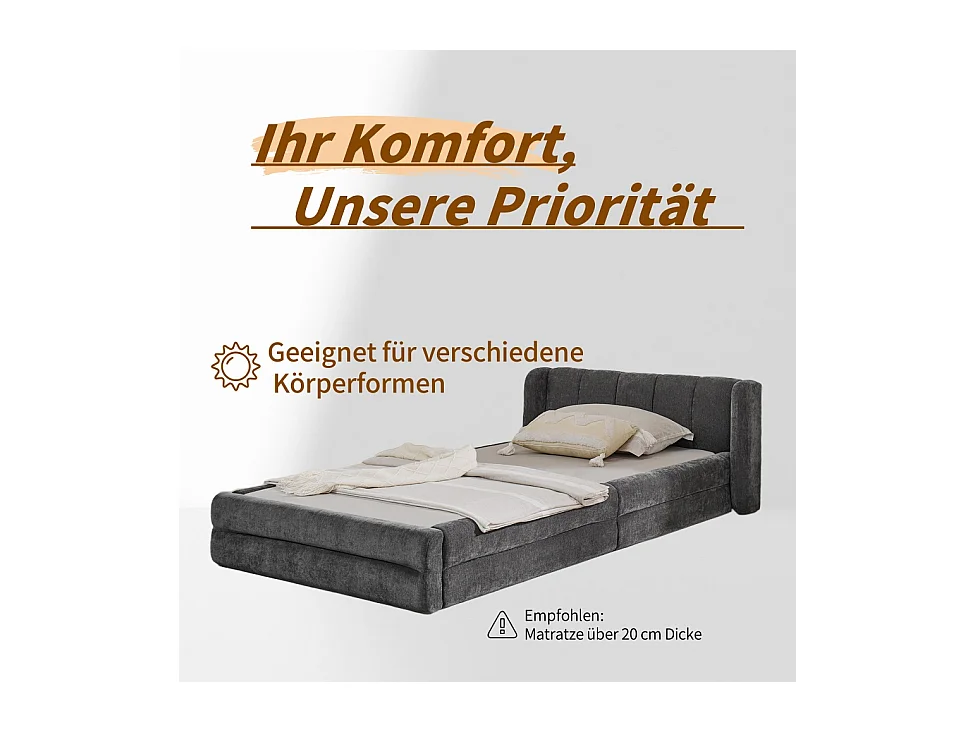 Letto singolo 90x200 cm, design ergonomico, morbida ciniglia, struttura in eucalipto, grigio scuro (90x200x60 cm)