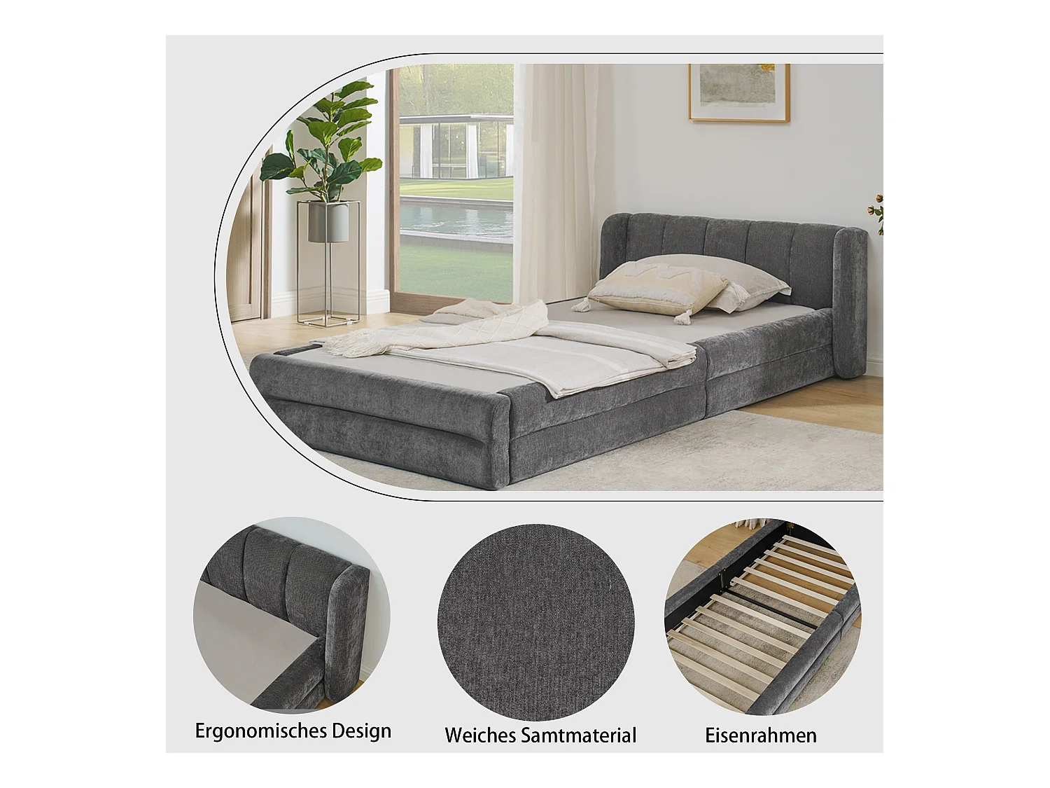 Letto singolo 90x200 cm, design ergonomico, morbida ciniglia, struttura in eucalipto, grigio scuro (90x200x60 cm)