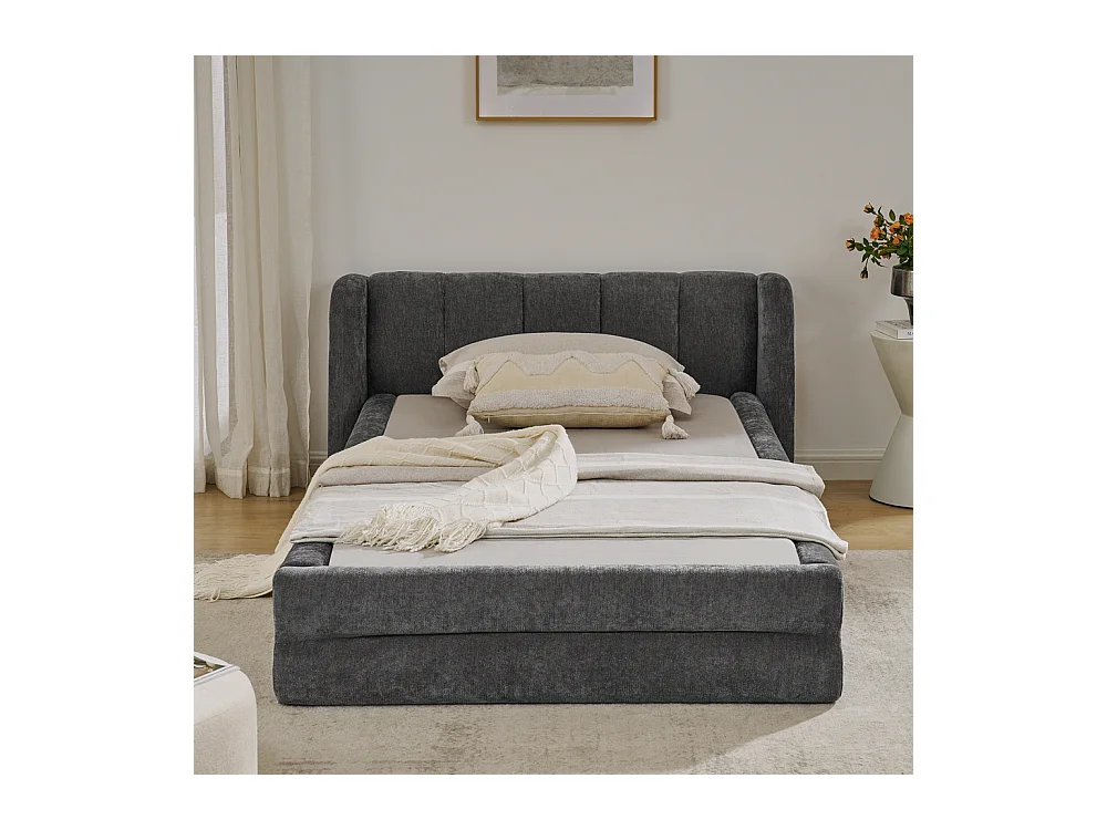 Letto singolo 90x200 cm, design ergonomico, morbida ciniglia, struttura in eucalipto, grigio scuro (90x200x60 cm)
