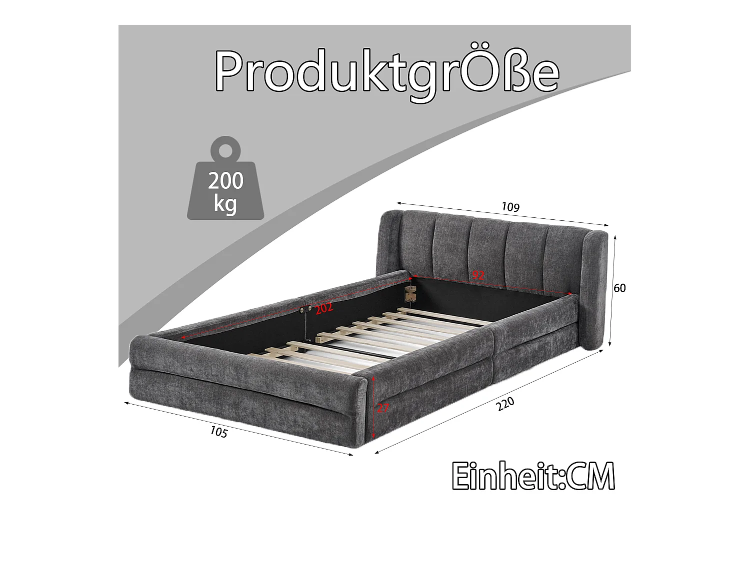 Letto singolo 90x200 cm, design ergonomico, morbida ciniglia, struttura in eucalipto, grigio scuro (90x200x60 cm)