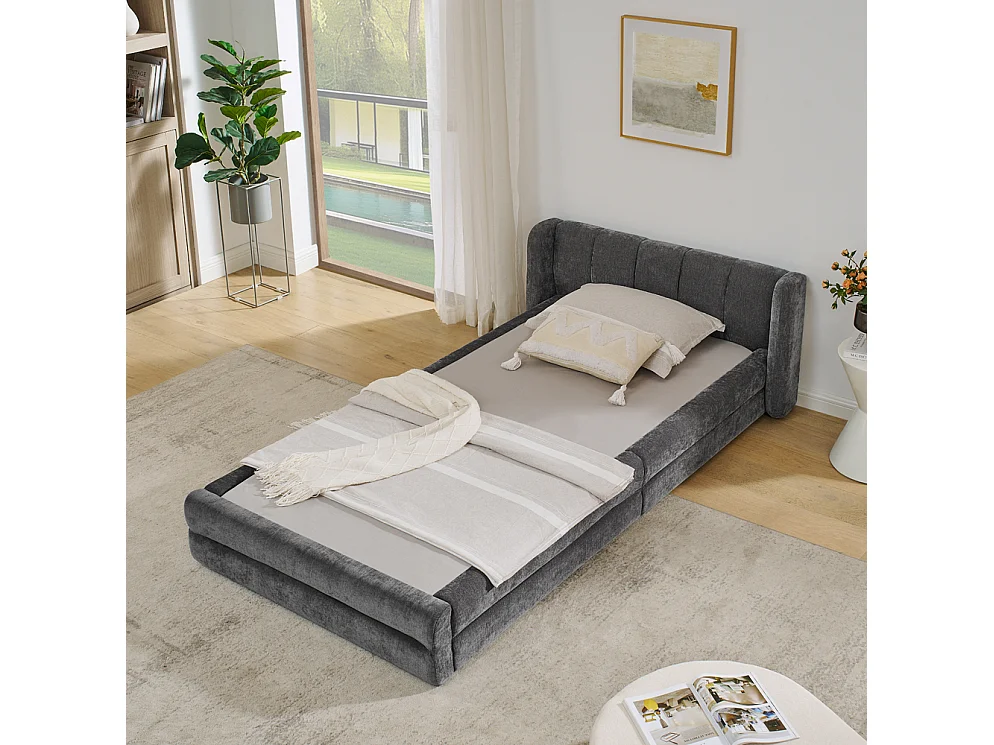 Lit simple 90x200 cm, design ergonomique, chenille doux, cadre en eucalyptus, gris foncé (90x200x60 cm)