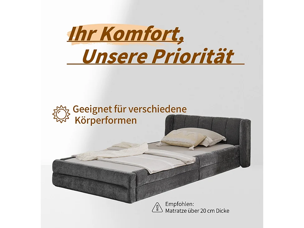 Lit simple 90x200 cm, design ergonomique, chenille doux, cadre en eucalyptus, gris foncé (90x200x60 cm)