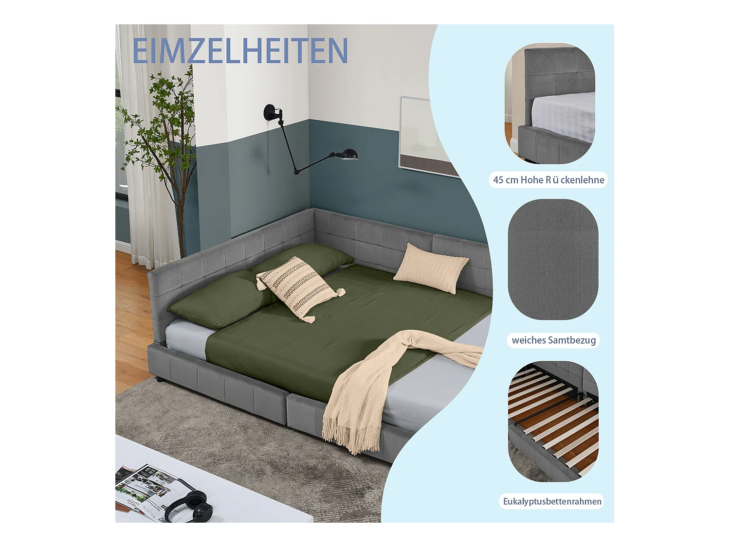 Tweepersoonsbed 140x200 cm, L-model met hoog hoofdeinde, zacht fluweel, eucalyptus en metalen frame, donkergrijs (140x200x70 cm)