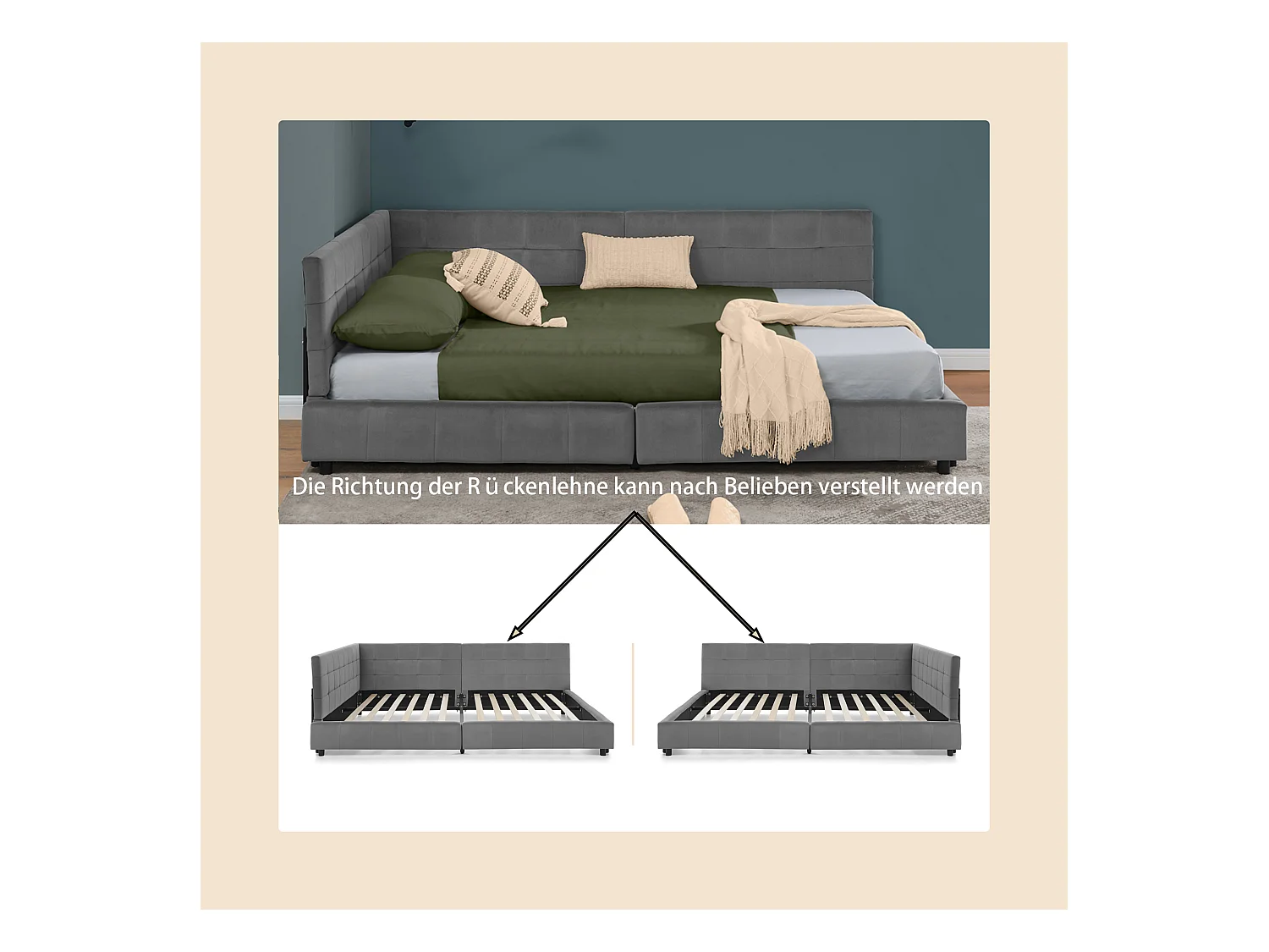 Tweepersoonsbed 140x200 cm, L-model met hoog hoofdeinde, zacht fluweel, eucalyptus en metalen frame, donkergrijs (140x200x70 cm)