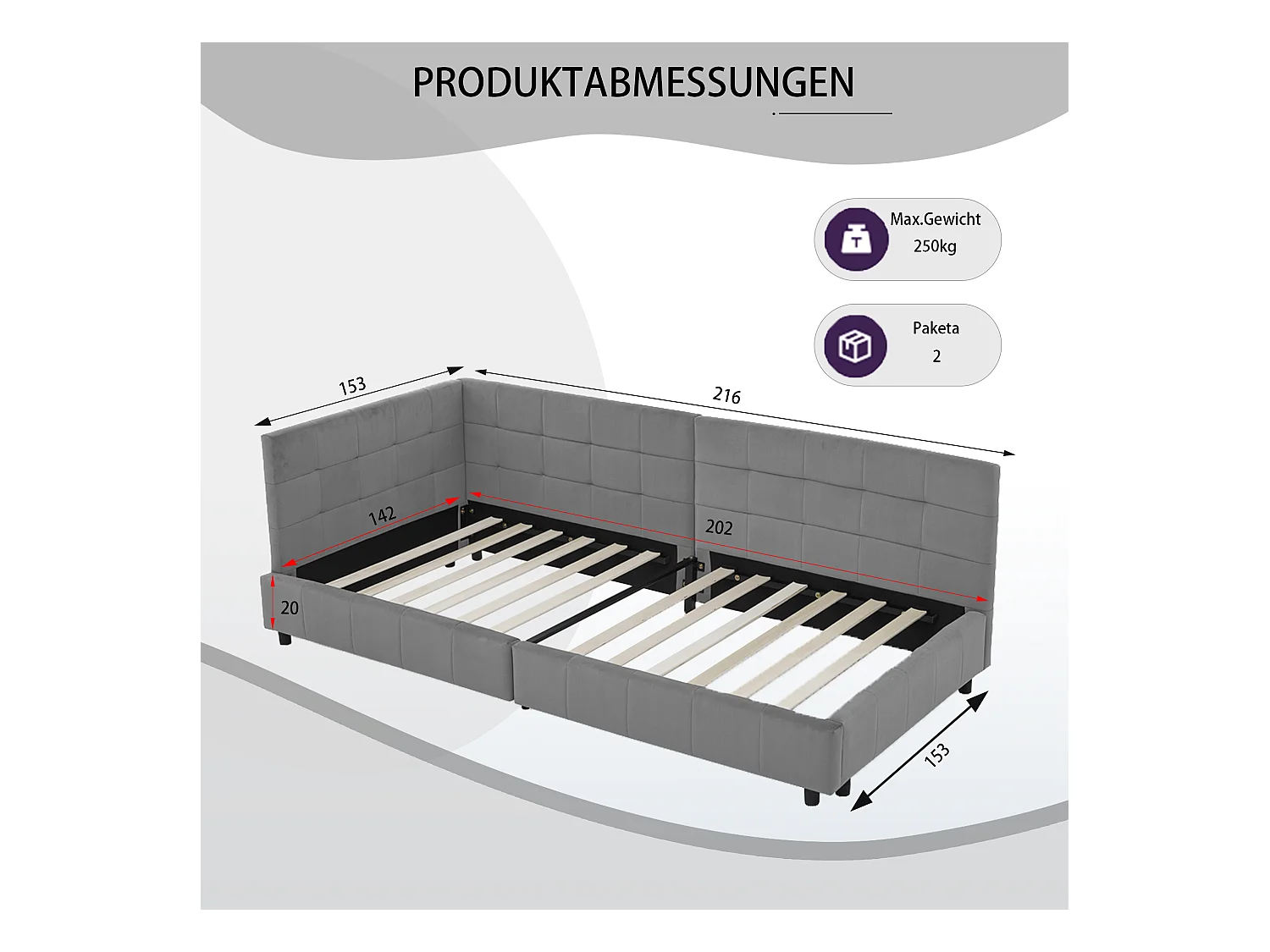 Tweepersoonsbed 140x200 cm, L-model met hoog hoofdeinde, zacht fluweel, eucalyptus en metalen frame, donkergrijs (140x200x70 cm)