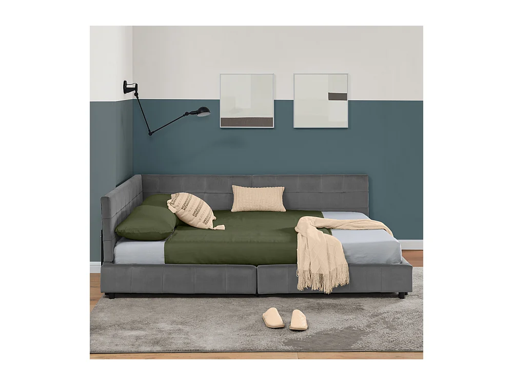 Tweepersoonsbed 140x200 cm, L-model met hoog hoofdeinde, zacht fluweel, eucalyptus en metalen frame, donkergrijs (140x200x70 cm)