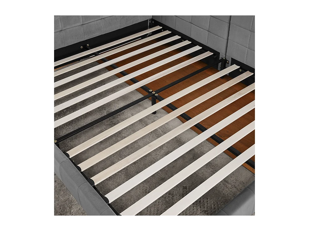 Tweepersoonsbed 140x200 cm, L-model met hoog hoofdeinde, zacht fluweel, eucalyptus en metalen frame, donkergrijs (140x200x70 cm)