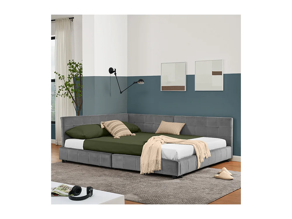 Lit double 140x200 cm, design L avec tête de lit haute, velours doux, cadre en eucalyptus et métal, gris foncé (140x200x70 cm)