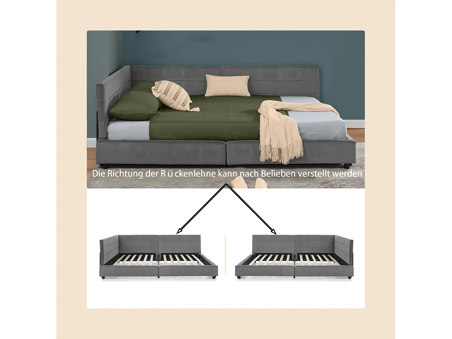 Lit double 140x200 cm, design L avec tête de lit haute, velours doux, cadre en eucalyptus et métal, gris foncé (140x200x70 cm)