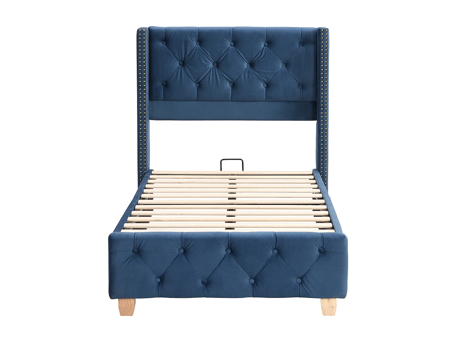 Kinderbed 90x200 cm met hoofdbord, knopen en spijkers, hout, fluweel, blauw (205x100x108 cm)