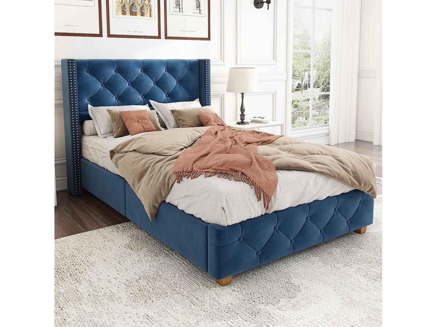 Lit Enfant 90x200 cm avec Tête de Lit, Boutons et Clous, Bois, Velours, Bleu (205x100x108 cm)