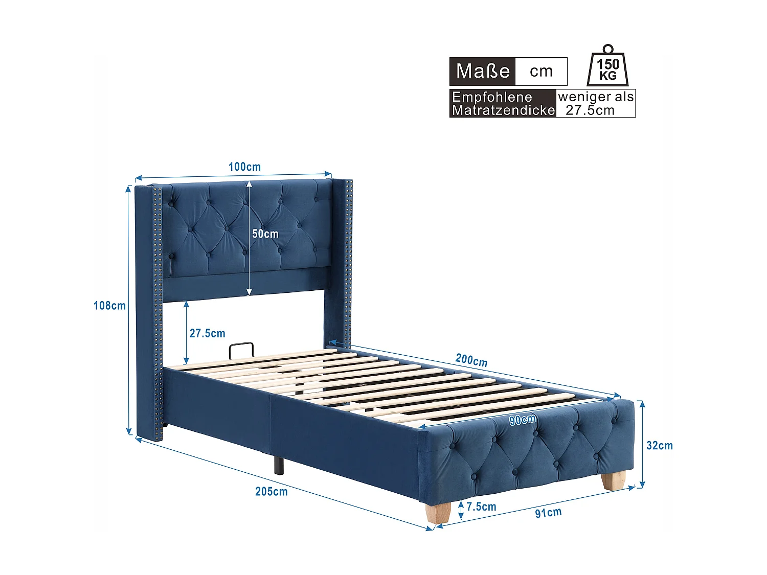 Lit Enfant 90x200 cm avec Tête de Lit, Boutons et Clous, Bois, Velours, Bleu (205x100x108 cm)