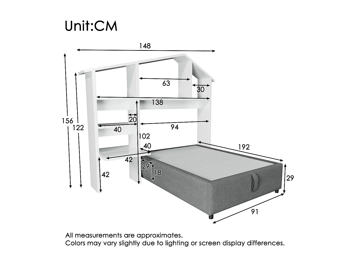 Lit enfant 90x190 cm avec étagère blanche, stockage hydraulique et USB-C, cadre en lin gris avec sommier à lattes (192x148x156 cm)
