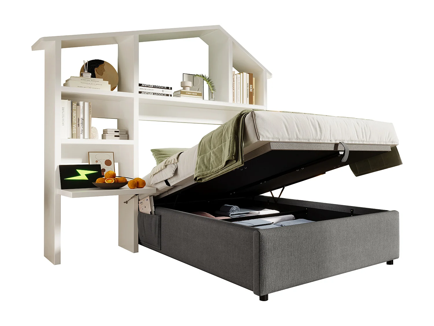 Lit enfant 90x190 cm avec étagère blanche, stockage hydraulique et USB-C, cadre en lin gris avec sommier à lattes (192x148x156 cm)