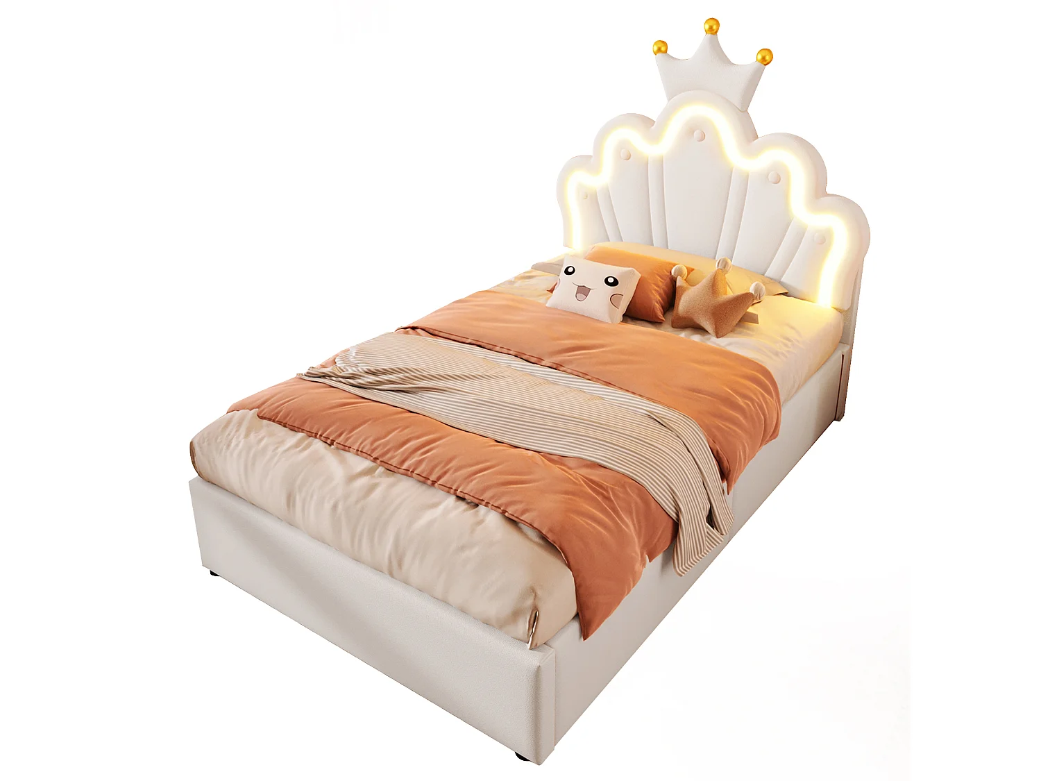 Lit Polster, 90 x 200 cm, avec bande LED, mécanisme hydraulique, tête de lit réglable, design couronne, PU, Blanc (204.5x91.5x133 cm)