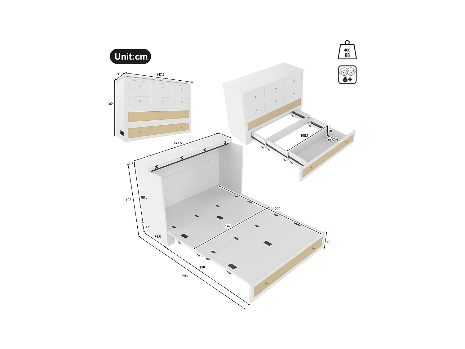Murphy bed 140x200cm, met lades en planken, USB en stopcontact, omvormbaar platformbed, zonder matras, wit (206x147,5x102 cm)
