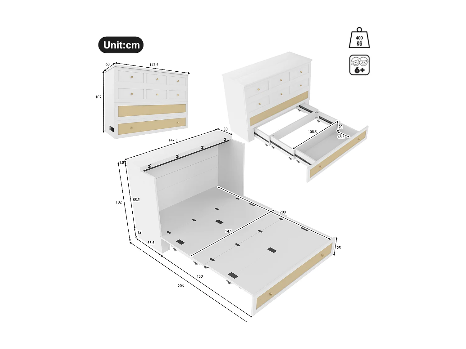 Murphy bed 140x200cm, met lades en planken, USB en stopcontact, omvormbaar platformbed, zonder matras, wit (206x147,5x102 cm)